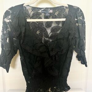 Sans Souci Black Lace Ruffle V-Neck Blouse